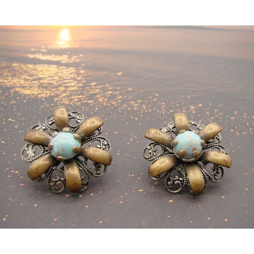 Flower Earrings Copper Leaf Filigree Blue Brown Stone Cabochons Screw Backs Vtg